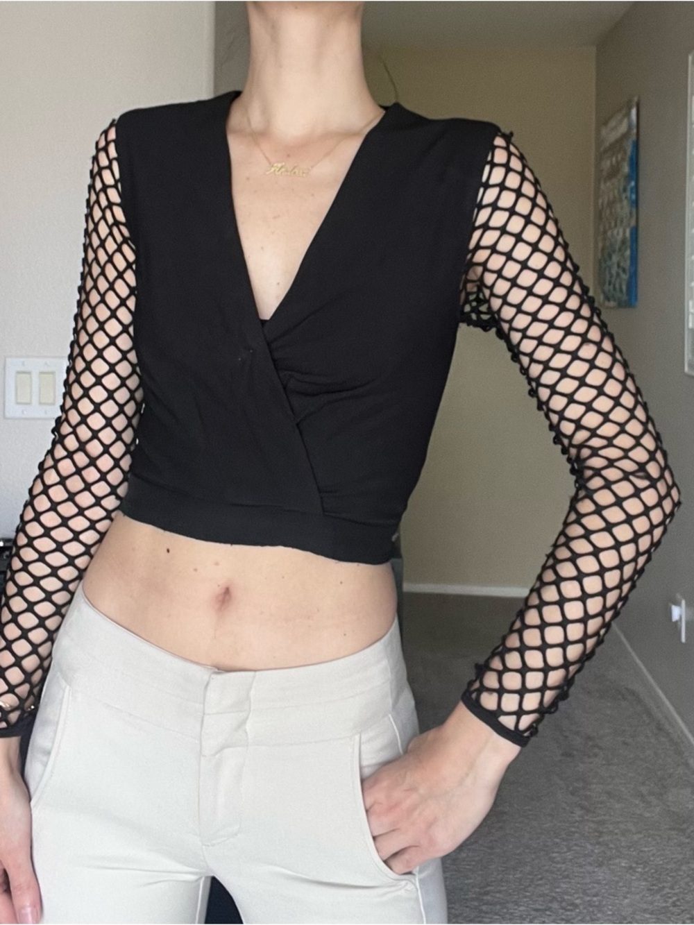 Black Fishnet Sleeve Top